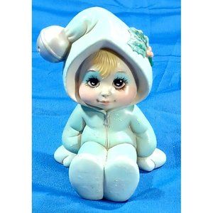 Ceramic Hand Painted Baby Toddler Snow Bunny Suit Shelf Sitter Statue Fi…